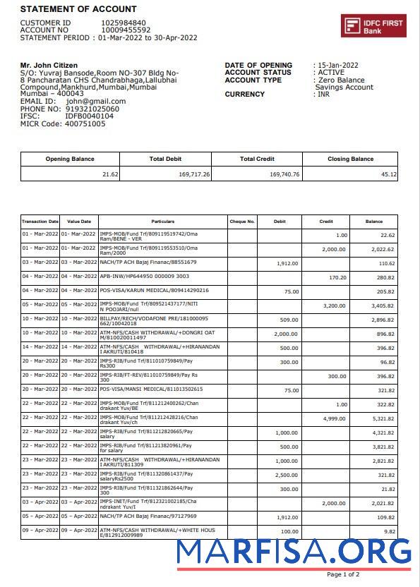 Downloadable India IDFC First bank statement word 1 page sample